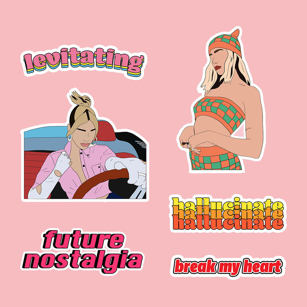 Series of Dua Lips Stickers from BND. Levitating, hallucinate, future bostalgia, break my heart and 2 digital drawing of Dua.