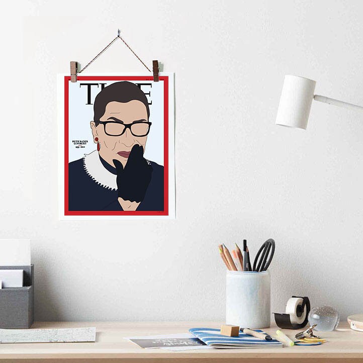 digital drawing of supreme court justice Ruth Bader Ginsburg printed as a hanging Art Print