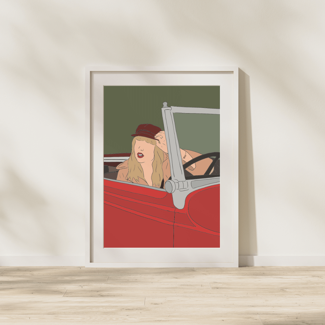 Hanging Wall Art. Digital drawing of taylor swift in a red car